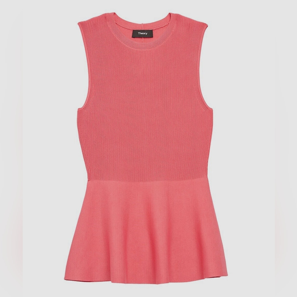 THEORY Pink Textured Stretch Ribbed Knit Gloss Shell Sleeveleas Peplum Hem